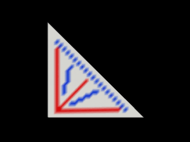 直角二等辺三角形のポリゴンの画像に三本の赤い線、ガタガタの青い線
